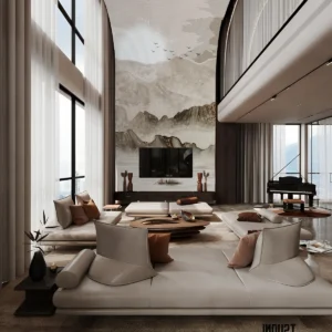 Misty Mountain Boat Landscape Wall Mural