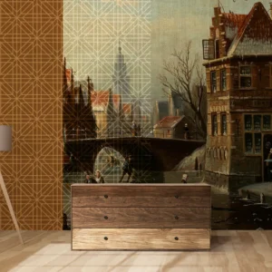 Vintage Cityscape Wall Mural with Geometric Pattern