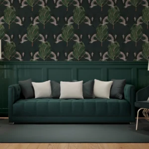 Elegant Crane & Leaf Pattern Wallpaper