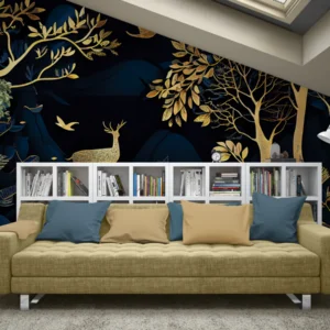 Royal Blue & Gold Forest Wall Mural