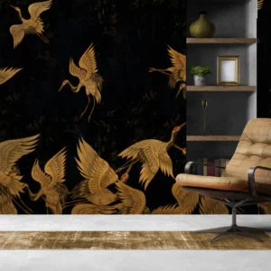Golden Crane Birds Wall Mural