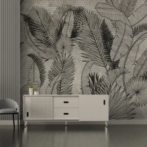 Monochrome Tropical Leaves Wall Mural
